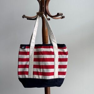 Lands' End Red and White Striped Canvas Tote with Navy Base